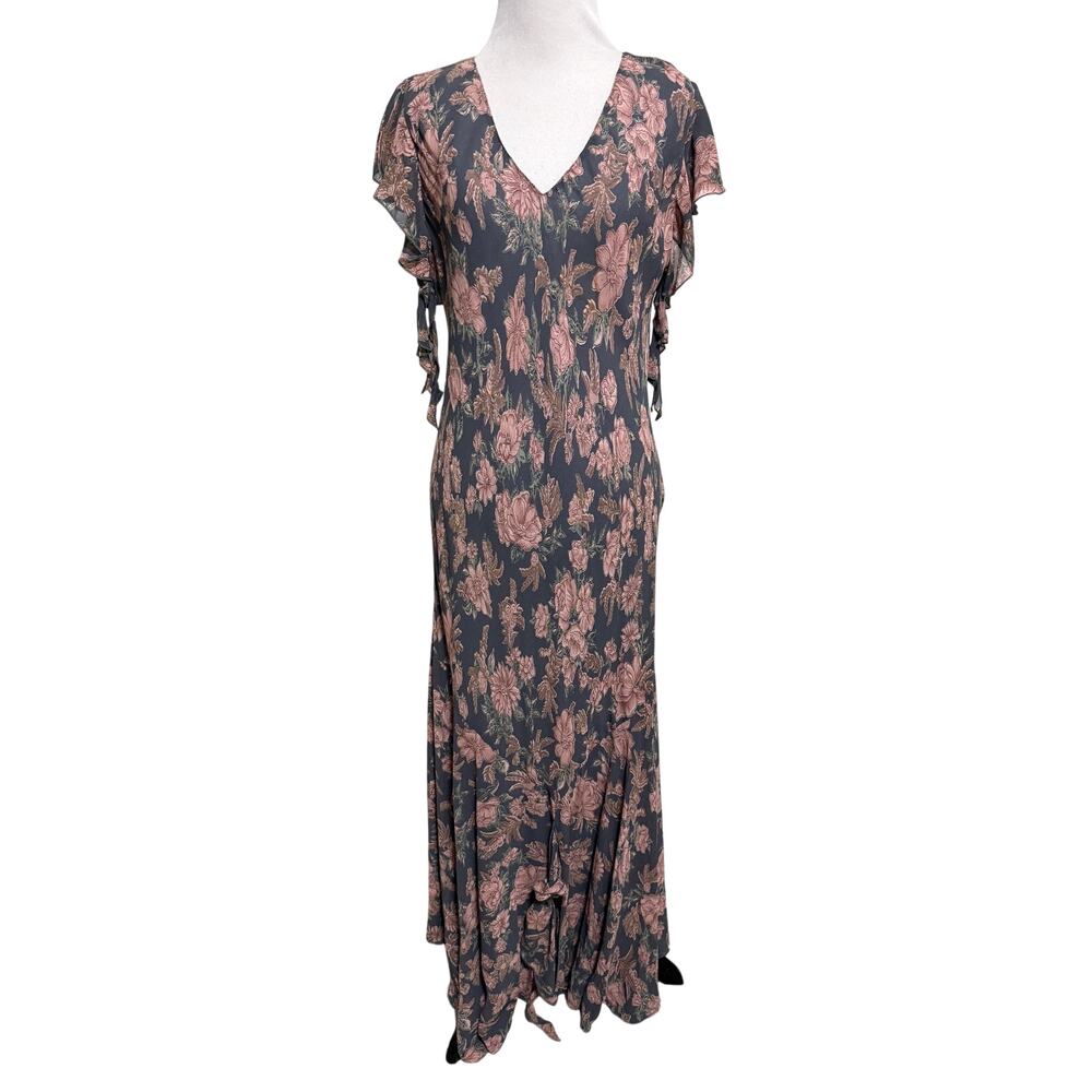 Vintage Bias Cut Floral Maxi Dress L Gray Pink Fairy Ruffle Feminine Romantic